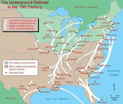 Map of North America with routes on the Underground Railroad.