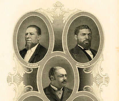 The top of a print of five portraits in connected ovals, two portraits, then one portrait, then two portraits. In this crop, only the top three circles are visible. All five are of Black men who served in the US Congress immediately following ratification of the 15th Amendment during the Reconstruction era.