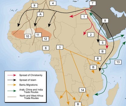 Map of Africa in tan, with arrows in black, red, green, and yellow showing the spread of Christianity and Islam, Bantu migrations, and trade routes within and beyond the continent