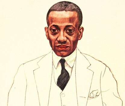 Alain Locke, a Black man, wearing a white suit, vest, and shirt, and a dark tie. 