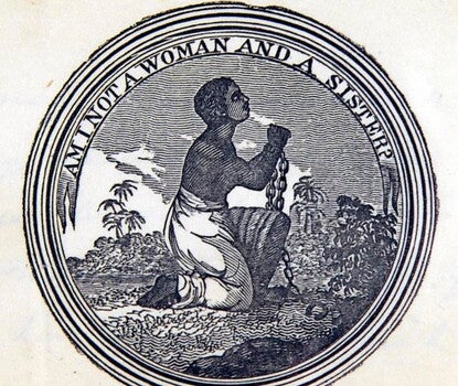 A circular seal of a woman with wrists in chains kneeling, with her plea above: "Am I Not a Woman and a Sister?"
