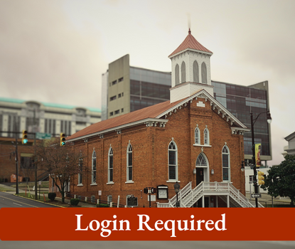 A red brick church building with white steps. "Login Required" message is an overlay.