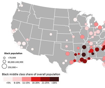 A map of the contiguous United States with circles of different sizes for Black population in metropolitan areas, colored in shades of red based on Black middle class percentage of the overall population.