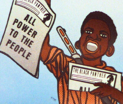 A cartoon of a young Black man, mouth open, holding copies of The Black Panther newspaper, with a rifle strapped to his back. The front page of the copy in his right hand reads "ALL POWER TO THE PEOPLE."