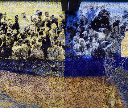 A large tile mosaic mural of people in a boat.