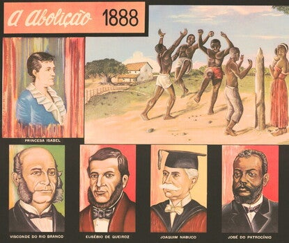 Five portraits of men (abolitionists in Brazil), below a portrait of Princess Isabel (wearing a blue dress with a white frill) and four shirtless Black men dancing next to a pole as a Black woman wearing a pink dress looks on.