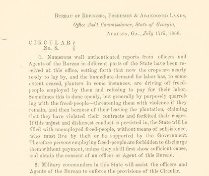 A typed letter from the Bureau of Refugees, Freedmen and Abandoned Lands.
