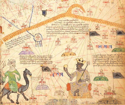 Map of West and North Africa along the Mediterranean coast, with trade routes and kingdoms noted through illustrations.