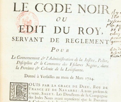 Cover page for "Le Code Noir ou Edit Du Roy," featuring a royal seal at the top of the page and a round stamp from the Bibliotheque National.