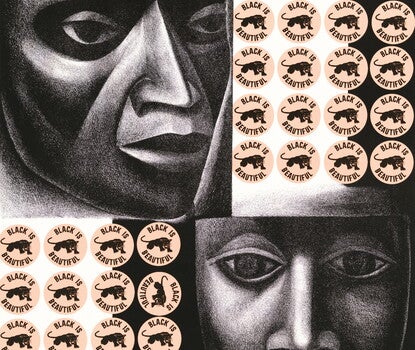 A lithographic print juxtaposing two black faces stylized as African masks framed by yellow circular emblems with a black panther in the center. The words [BLACK IS / BEAUTIFUL] are inscribed around each panther. The print appears in quadrants, with one face in three-quarter view in the top left and the other face appearing straight on in the lower left. The panther emblems appear in a grid in the top right and bottom left quadrants, with the top and bottom rows extending across the full print.