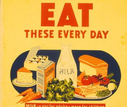 Poster promoting consumption of healthy foods, showing dairy products (milk, cheese), eggs, fruit, vegetables, bread and cereal, and meat.