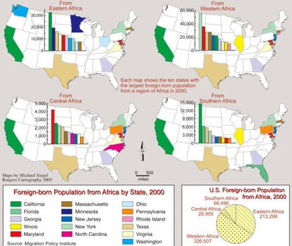 Four maps of the United States, each with bar charts noting foreign-born population from different regions of Africa.