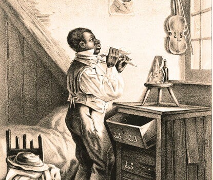 A Black man tying a necktie while looking out his window. On the wall behind him is a portrait of Abraham Lincoln in profile and a violin and bow.