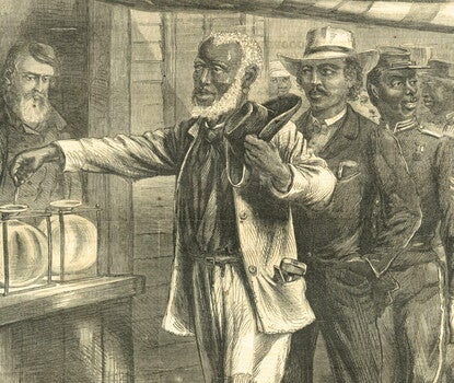 Illustration from 1867 issue of Harper's Weekly showing an African American man voting for the first time