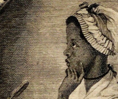 An engraving shows Phillis Wheatley in profile, sitting at a desk with a quill in hand while the Black, female poet looks up, lost in thought. Curved around the oval frame is the text, "Phillis Wheatley, Negro Servant to Mr. John Wheatley, of Boston."