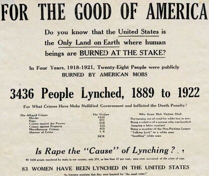 Scan of NAACP poster listing statistics regarding the 3,436 lynchings that occurred between 1889 and 1922. States "Do you know that the United States is the Only Land on Earth where people are burned at the stake?" Reports that 83 women have been lynched in the United States. 