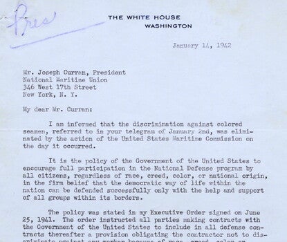 Scan of FDR's letter to Joseph Curran, typewritten on White House stationery. 