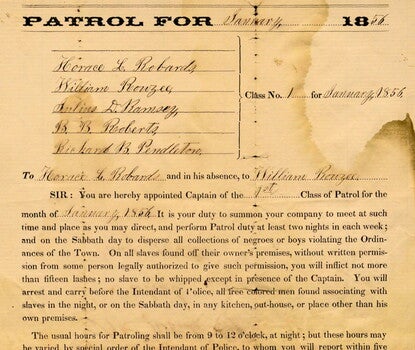 Scan of a signed contract engaging a captain to oversee a set of men acting as a slave patrol, with manuscript accomplishment, signed by Obadiah Woodson and Horace L. Robards.