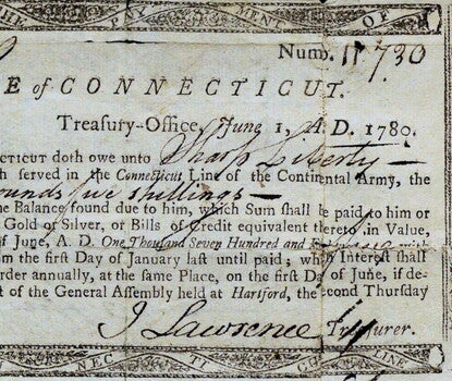 Scan of a warrant for eight pounds and five shillings owed to soldier, Sharp Liberty. Signed "X"' by Liberty and J. Lawrence, treasurer.