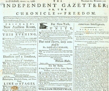 The front page of a newspaper titled "The Independent Gazetteer; Or, The Chronicle of Freedom" and dated April 12, 1788. 