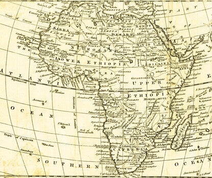 A map of the continent of Africa from 1770 shows regions, towns, rivers, and lakes.
