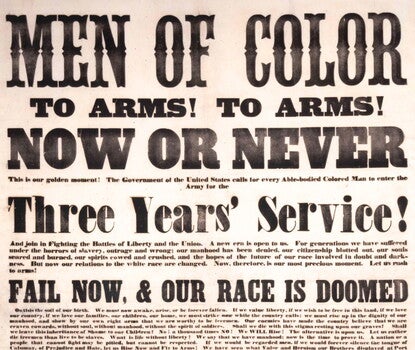 Broadside with text of varying sizes. On the top it reads in all capital letters, "MEN OF COLOR; TO ARMS! TO ARMS!; NOW OR NEVER."