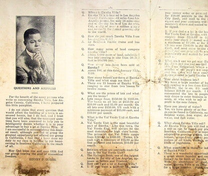 A yellowed four-fold pamphlet featuring the photograph (at top left) of Stanley Dones, a Black man wearing a dark jacket, white shirt, and dark tie, placing his right hand upon his chin.