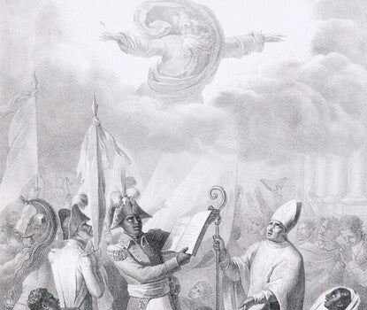 A Black Haitian general (wearing a pointed and feathered hat, dark coat with tails and epaulets, white pants, and dark boots) holding a book next to other troops, as a priest in formal robes and holding a staff looks above toward an image of God.