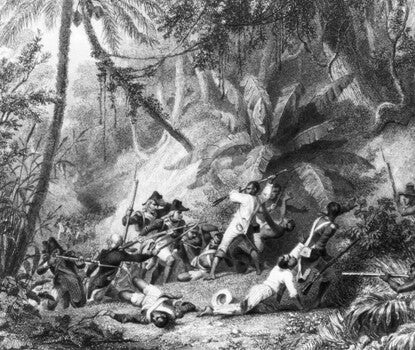 A black and white etching of Haitian revolutionaries fighting French soldiers. 