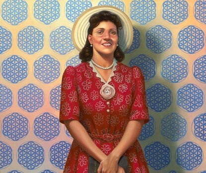 Oil painting of Henrietta Lacks, a Black woman. She is smiling facing forward with her hands clasped in front of her body, holding a black book with gold-colored text [HOLY BIBLE]. Lacks is wearing a red dress with a white flower pattern and small belt. 