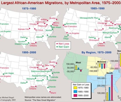 Four maps of the United States with net loss or gain in African American population by city or region.