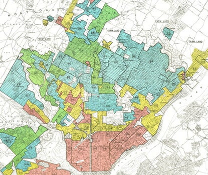 A map of Philadelphia, PA, and Camden, NJ, color coded in green, blue, yellow, and red.