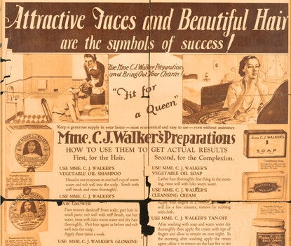 A broadsheet advertisement (folded into four parts, with crease marks/breaks) entitled "From a Slave Cabin to Riches and a Benefactress to Her Race." Features images of glamorous Black women at the top left, top right, and bottom left corners, and a large building (presumably a department store) in the upper middle of the advertisement.