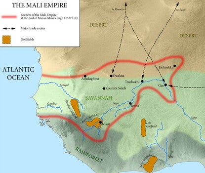 A map of West Africa with the Mali Empire outlined in red.