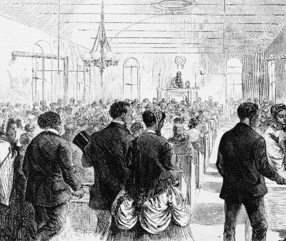 An engraving showing a hall with benches, a speaker at a rostrum in front and several Black men and women in formal wear looking for seats.