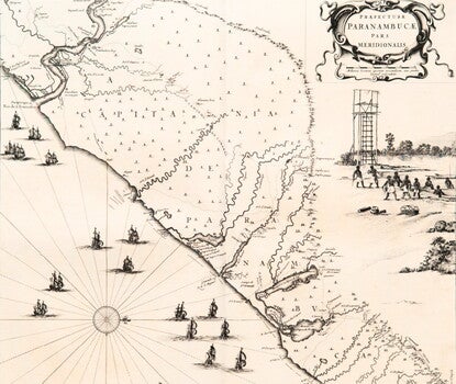 Map of Pernambuco, Brazil, with ships off the coast and an inset depiction of Black men wearing white pants in a field.
