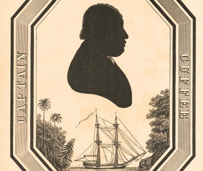 A silhouette head-and-shoulders portrait of Paul Cuffe, above a sailboat and within an octagon with the text "Captain Paul Cuffee, 1812."