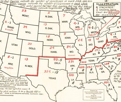 A map of the then-forty-eight states, each with a number of lynchings from 1889 to 1921 (in red) and the number of representatives who voted against the federal anti-lynching bill (in black).