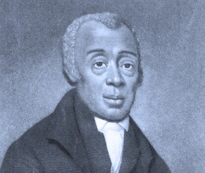 Etching of Rev. Richard Allen, wearing a jacket and white shirt and looking directly ahead.