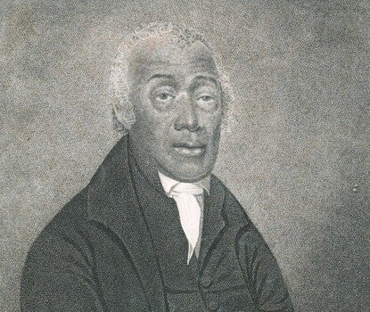 A drawing of an older Black man with gray hair, a black coat and vest, and white collared shirt.