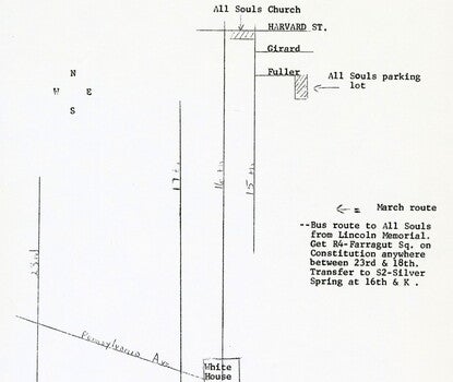 A partially typed, partially hand-drawn map from All Souls Church toward the Reflecting Pool and the Lincoln Memorial for the March on Washington