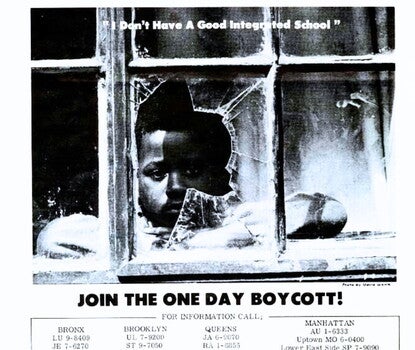 A typed flyer for a "SCHOOL BOYCOTT!" featuring a Black boy with his arms on a windowsill, looking through a broken window.