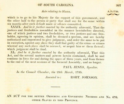 A page from a book focused on a title of legislation, "An Act for the Better Ordering and Governing of Negroes and Slaves."