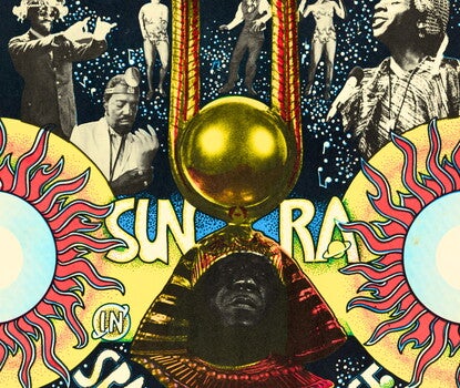 A color lithograph poster for the musical film Space is the Place featuring Sun Ra and the Arkestra. Sun Ra is depicted in the center of the poster wearing a headdress and collar resembling that of an Egyptian pharaoh. The headdress is topped by a large golden orb with long extensions on either side. On either side of Ra is a yellow and red flaming sun. Above and below him are the words [SUN RA / IN / SPACE IS THE PLACE] small planets are scattered among the lettering. 