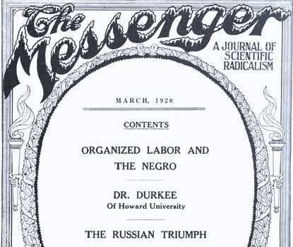 Cover of the Messenger magazine for March 1920, featuring two torches held by disembodied hands on either side of a wreath, within which features the contents of that month's issue.