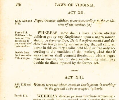  Scan of a book page with the text of a law passed in Virginia in 1662. 