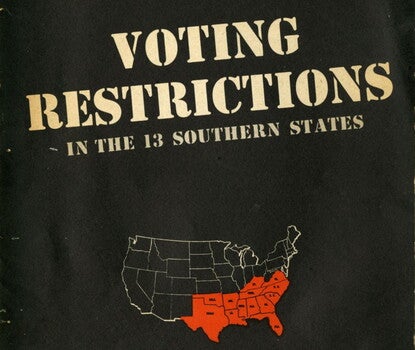 Scan of the first page of the report titled "Voting Restrictions in the 13 Southern States", featuring a map of the United States with 13 Southern states highlighted in red. 