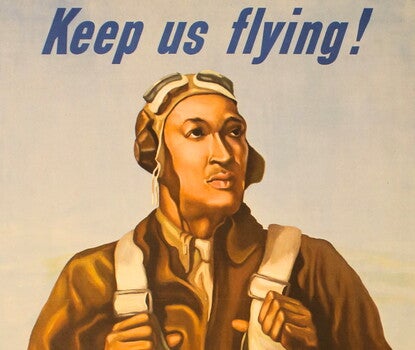 A poster with a drawing of a Black aviator wearing a brown uniform and gray flight vest. Above the aviator is the phrase "Keep us flying!" in italics. Below is "BUY WAR BONDS" in a blue box.