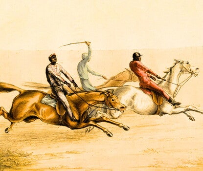 A horse race featuring Black men as jockeys (wearing long underwear in place of racing silks). In the lead is a white horse jockeyed by a rider in red long underwear and a black hat; in second is a brown horse jockeyed by a rider in a powder blue outfit and hat; and in third is a brown horse jockeyed by a rider in a red-pinstriped, white outfit and hat.