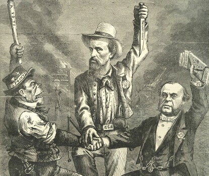 At left, a man with a simian face and rumpled clothing, and a dagger in his right pocket. He is holding a club with "A Vote" written on it. He is wearing a hat with a white ribbon reading "5 Points" and a Christian cross tucked into the ribbon.  2. At center, a tall man with a goatee. He has a CSA belt-buckle, a light-colored hat with a large brim and a black ribbon, and a pistol on his left hip. He holds a dagger with "The Lost Cause" written on the blade.  At right, a shorter man in a three-piece suit.